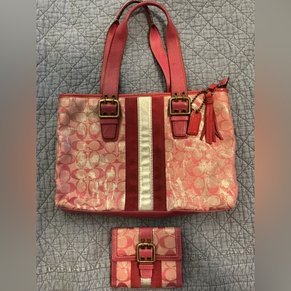 Coach Handbags - COACH 2005 Rare Vintage Pink & Silver Tie Dye Metallic Tote & Wallet Set Y2K